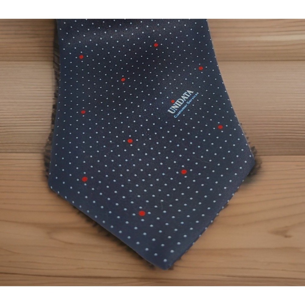Vintage Necktie Cravateur Navy Blue Silk Polka Dot Unidata Logo Tie
